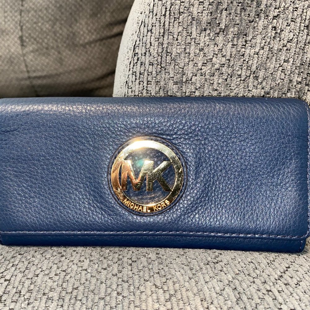 Michael Kors Navy Blue Leather Fulton Flap Continental Wallet